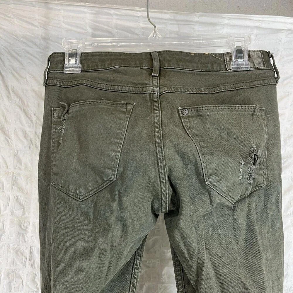 H&M‎ Green Olive Super Skinny Low Waist Distressed Denim Jeans Ripped Knee 31